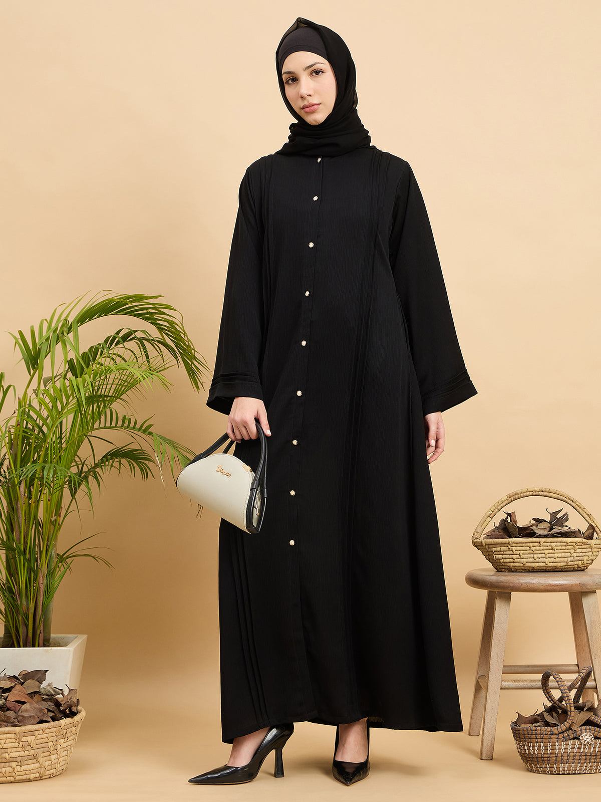 Modest Front Open Abaya Burqa with Black Georgette Hijab