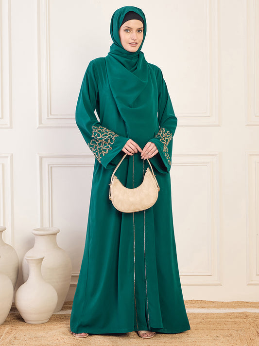 Front Open Bottle Green Solid Hand Work Detailing Luxury Abaya Burqa For Women With Matching Hijab