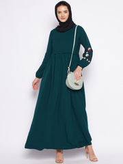 Bottle Green Chikan Hand Sleeve Embroidery Work Abaya for Women with Black Georgette Scarf