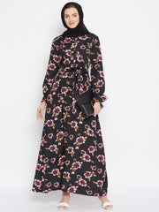 Black Floral Printed Crepe Abaya Dress with Black Georgette Hijab
