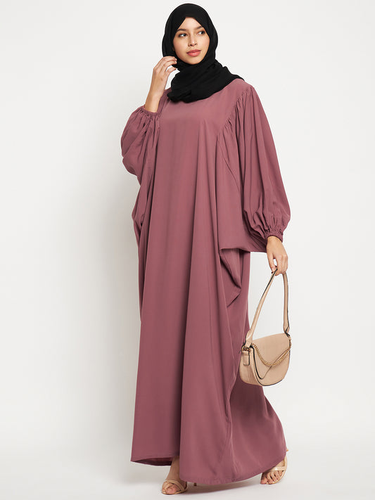 Pink Solid Loose Fit Women Kaftan Abaya for Women with Black Georgette Scarf