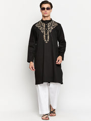 Mens Solid Embroidery Details Black Mandarin Kurta