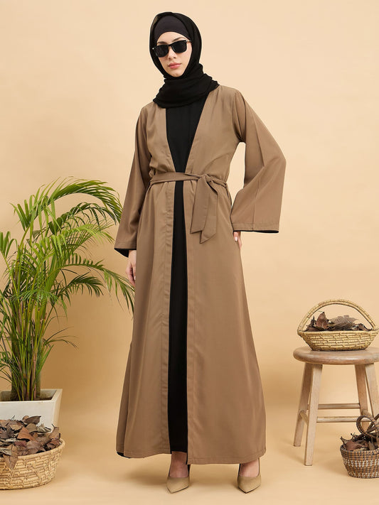 Women 2 Piece Set Front Open Shrug Abaya with Black Georgette Hijab