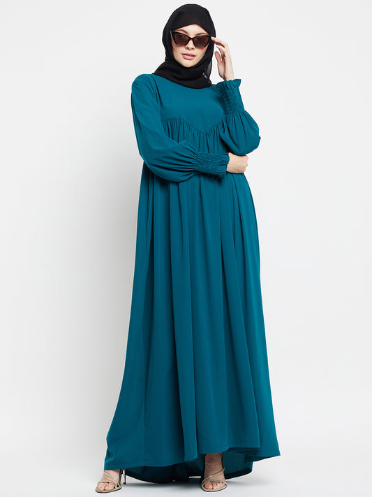 A-Line Bottle Green Abaya Dress for Women with Black Georgette Hijab