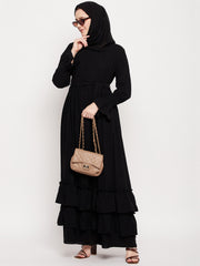 Women Black Casual Frilled Abaya Burqa With Belt and Black Hijab