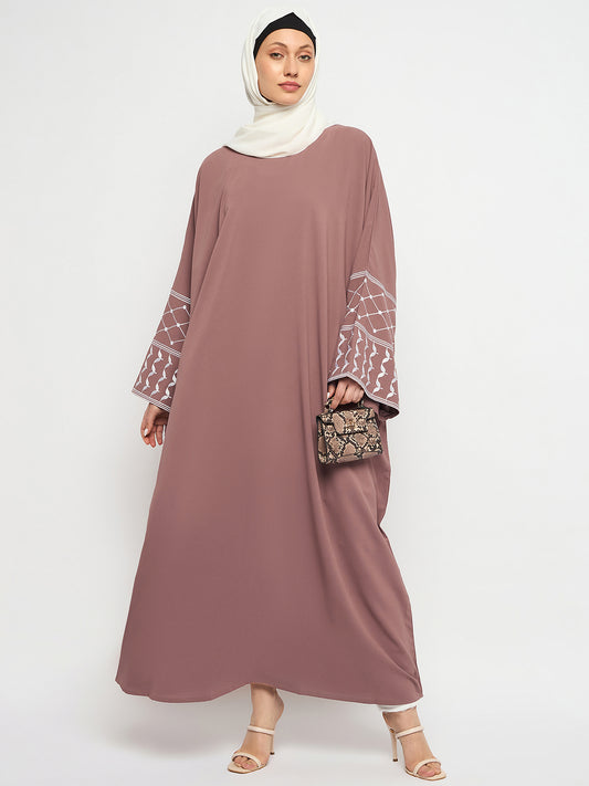 Puce Pink Kefiyyeh Embroidery Abaya With Black Hijab