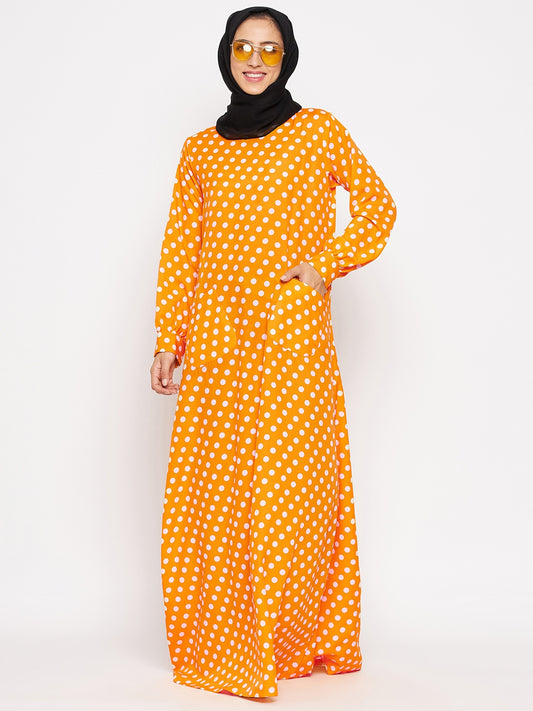 Yellow Polka Design Abaya for Women with Black Georgette Hijab