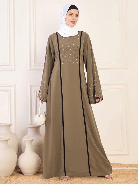 Oat Solid Handwork & Black Piping Detailing Luxury Abaya Burqa for Women With White Georgette Hijab