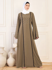 Oat Solid Handwork & Black Piping Detailing Luxury Abaya Burqa for Women With White Georgette Hijab