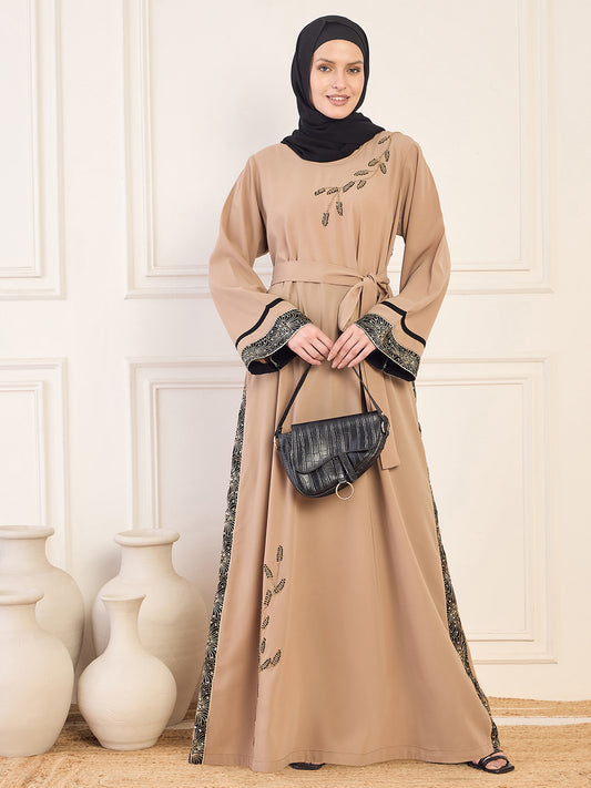 Beige Solid Luxury Hand worked Abaya Burqa for Women with Black Georgette Hijab