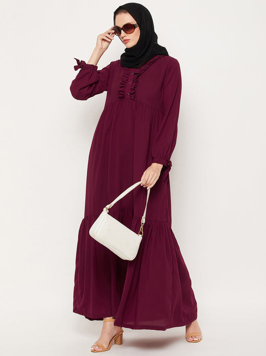Maroon Ruffle Design Abaya for Women with Black Georgette Scarf