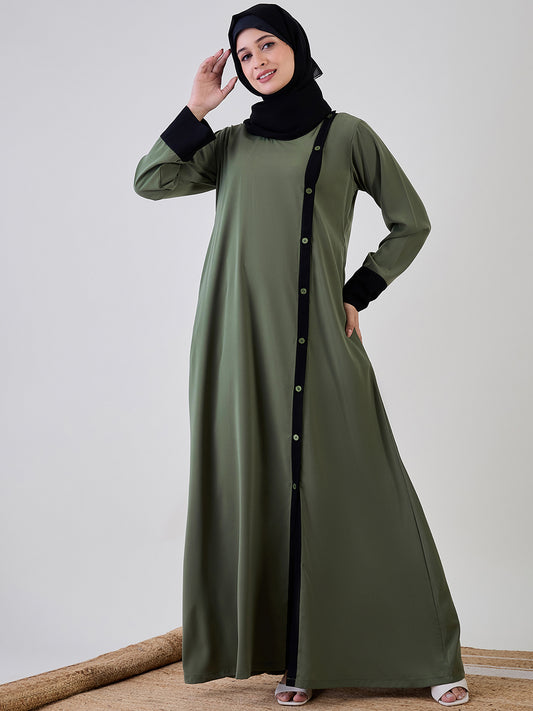 Jade Green Solid Front Open Abaya Burqa With Black Georgette Hijab