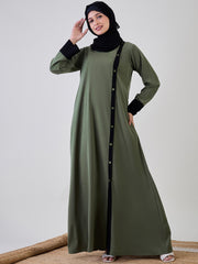 Jade Green Solid Front Open Abaya Burqa With Black Georgette Hijab