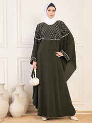 Handworked Olive Green Solid Luxury Kaftan Abaya for Women with White Georgette Hijab