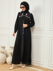 Front Open Embroidery Detailing Black Abaya Burqa With Matching Georgette Hijab