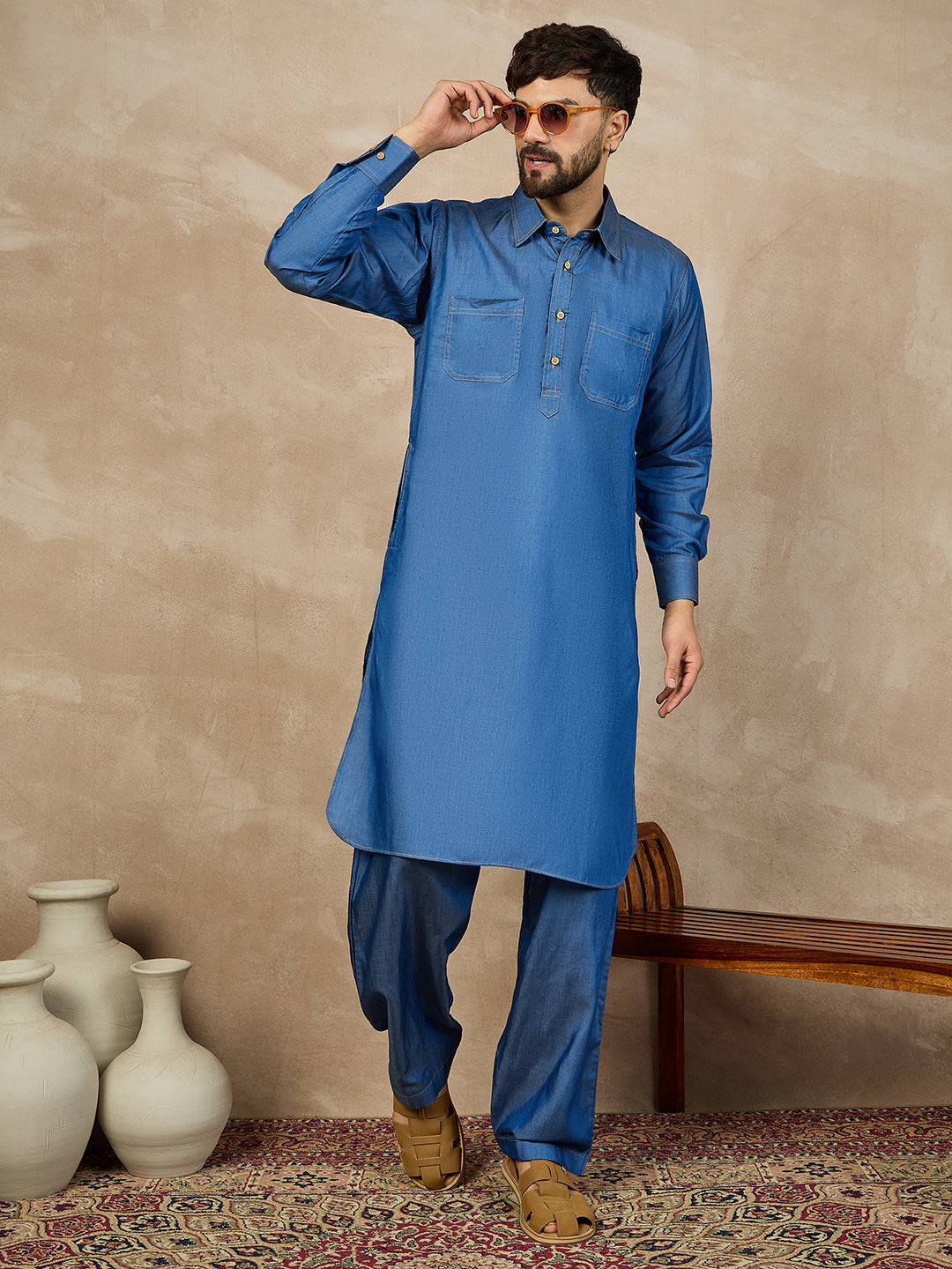 Blue Solid Denim Pathani Kurta Pajama Set For Men