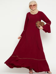 Maroon and Beige Piping Design A-Line Abaya for Women with Black Georgette Hijab