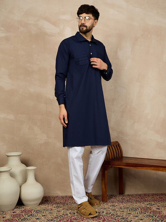 Blue Solid Shirt Collar Cotton Kurta For Men