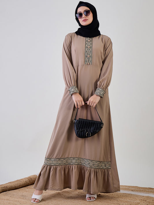 Embroidered Detailing Beige Cuffed Sleeves Abaya Burqa With Black Georgette Hijab