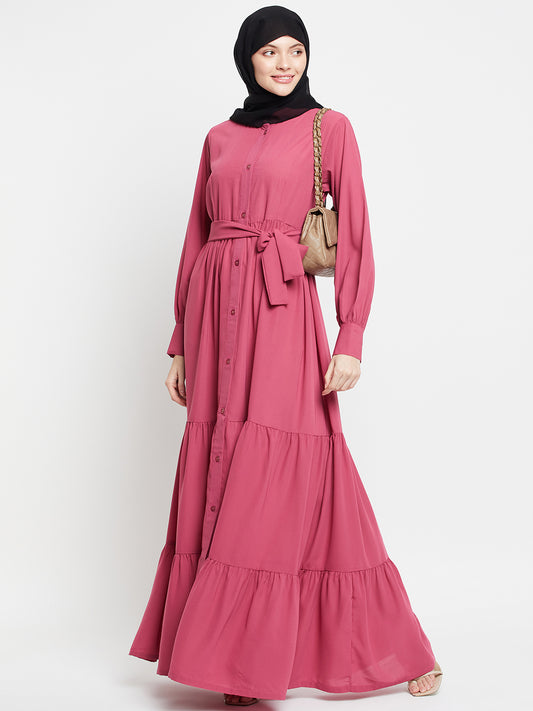 Frilled Pink Abaya Burqa For Women With Belt and Black Hijab