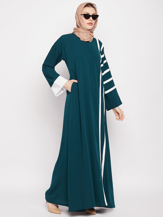 A-Line Piping Design Bottle Green Abaya for Women with Black Georgette Hijab