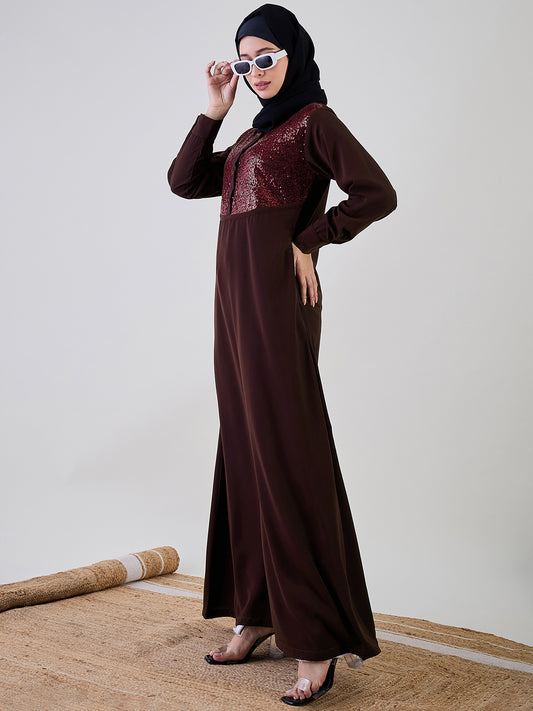 Embroidery Detailing Brown Abaya Burqa With Black Georgette Hijab