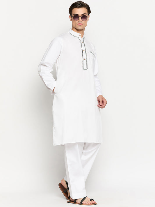 White Solid Embroidery Details Cotton Kurta Pajama Set For Men