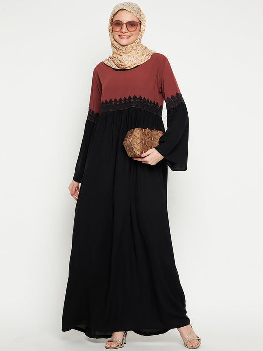 Lace Design Black and Rust Abaya with Black Georgette Hijab