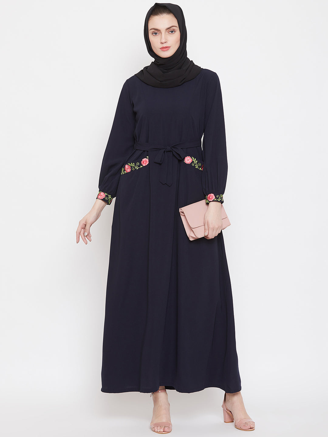 Blue Embroidery Abaya Dress with Black Georgette Hijab