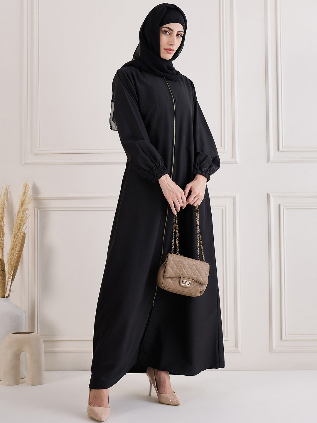 Front Open Zip-Closure Black Kashibo Abaya Burqa Paired With Black Georgette Hijab