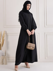 Front Open Zip-Closure Black Abaya Burqa Paired With Black Georgette Hijab