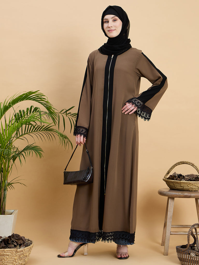 Front Open Modest Zip Abaya with Black Georgette Hijab – Thenabia