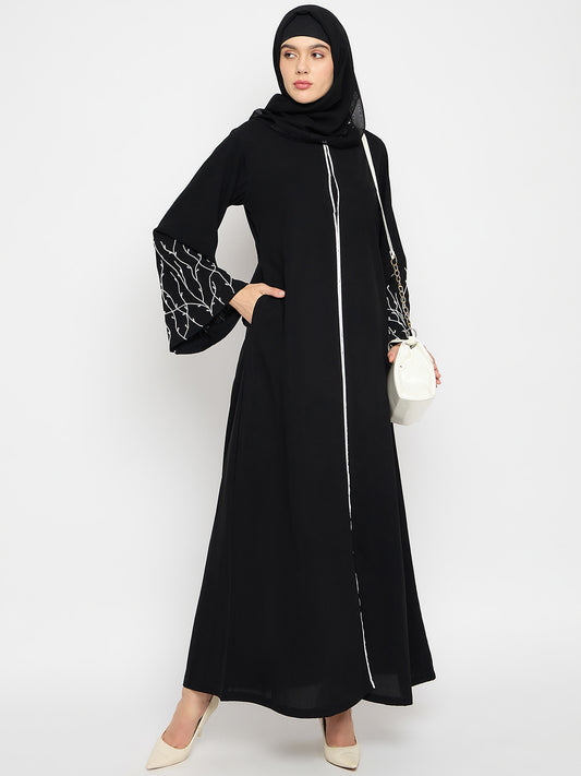 Women's Black Solid Nida Matte Hand-Worked Detailing Luxury Abaya Burqa Paired With Black Hijab
