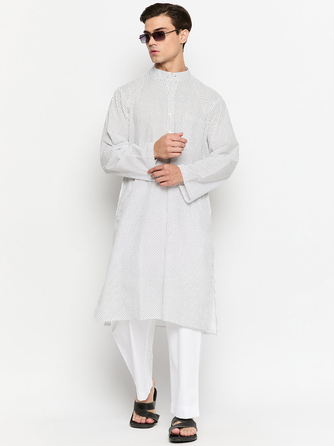 White Polka Dot Men's Kurta Pajama Set