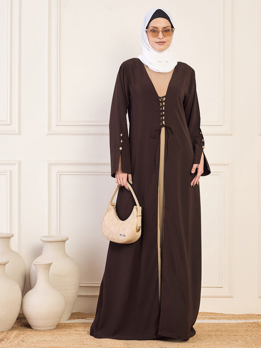 Brown and Beige Solid Shrug Abaya With White Georgette Hijab