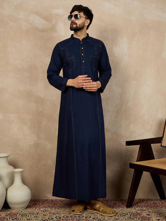 Men's Blue Solid Thread Detailing Cotton Arabic Jubba / Thobe