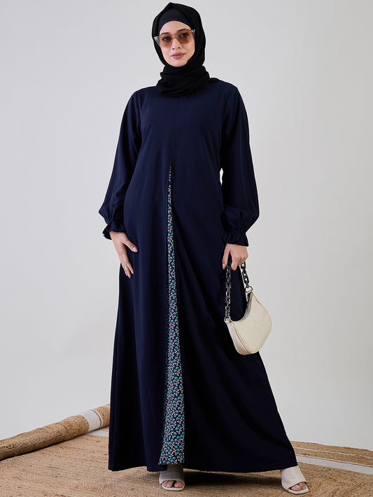 A-line Solid  and Printed Blue Abaya Burqa With Black Georgette Hijab