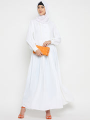 Embroidered White Solid Abaya For Umrah or Hajj with Black Hijab