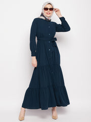 Frilled Teal Abaya Burqa For Women With Belt and Black Hijab