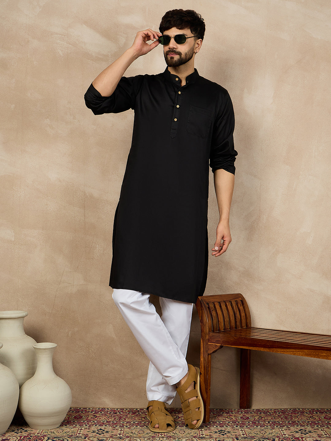 Black Solid Cotton Kurta and White Pajama Set For Men