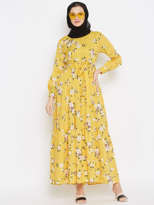 Yellow Floral Printed Crepe Frill Abaya Dress for Women with Black Georgette Scarf