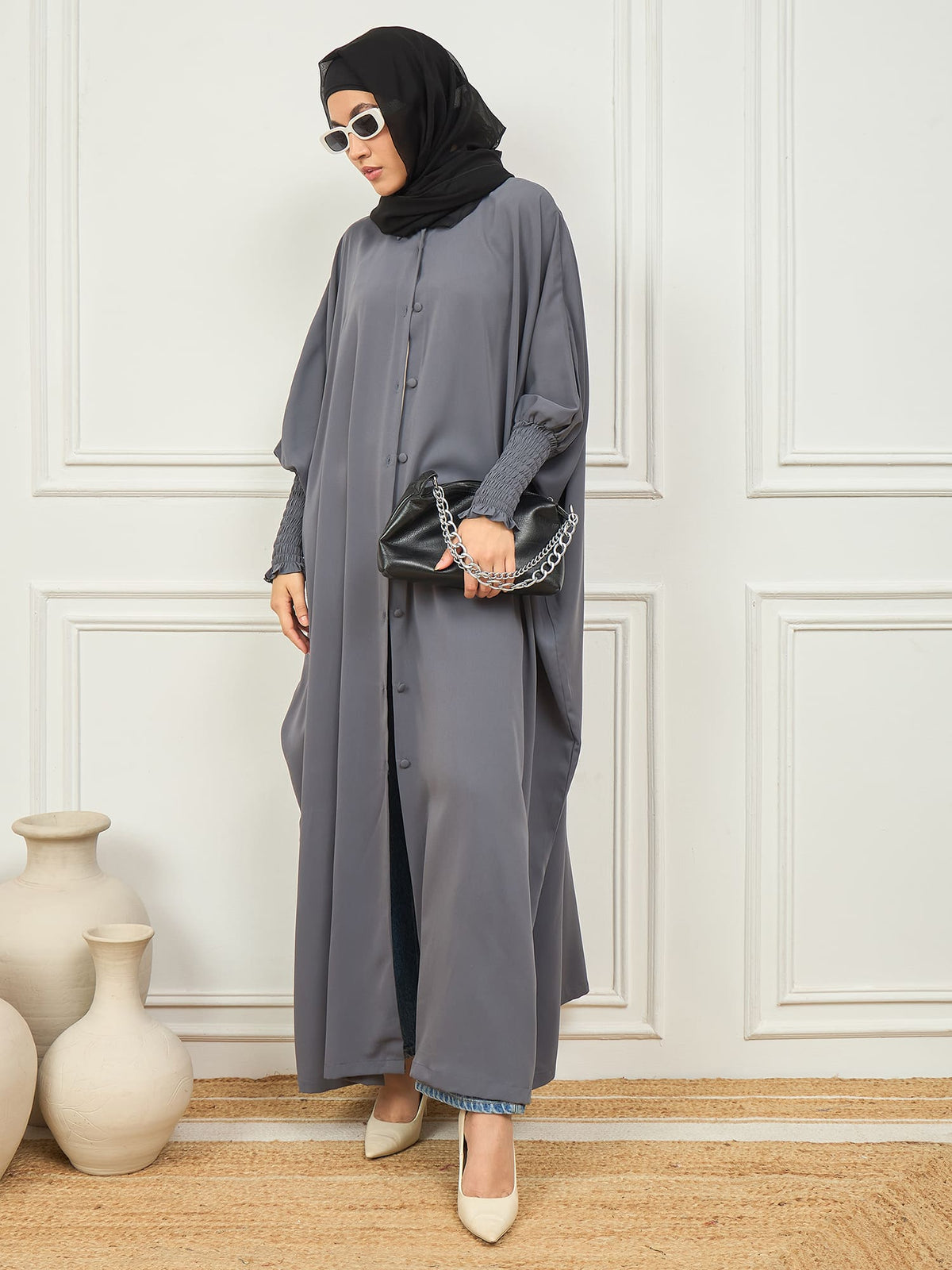 Front Open Loose Fit Kaftan Abaya with Black Georgette Hijab