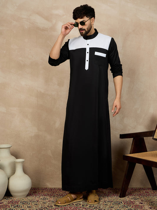 Black Solid Arabic Cotton Thobe For Men with White Piping Detailing