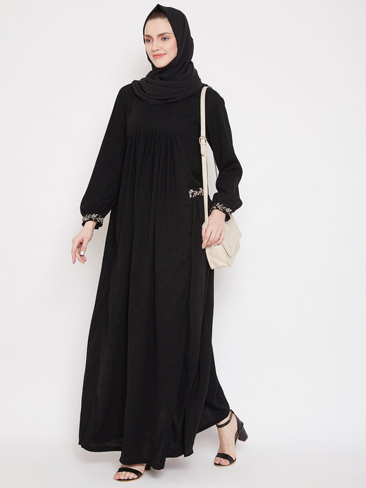 Black Abaya for Women with Chikan hand Embroidery with Black Georgette Scarf