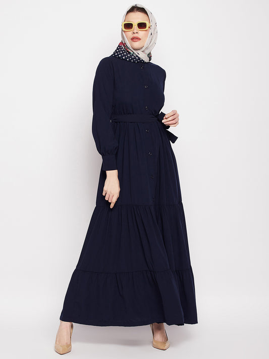 Frilled Blue Abaya Burqa For Women With Belt and Black Hijab