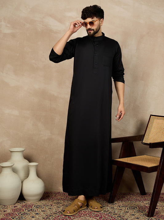 Men's Arabic Black Solid Mandarin Collar Cotton Thobe/Jubba