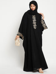 Embroidery Work Solid Loose Fit Black Abaya Burqa For Women With Black Georgette Scarf