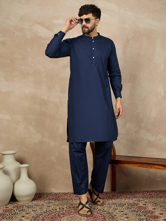 Blue Solid Cotton Pathani Kurta Pajama Set For Men