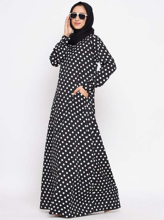 Black Polka Design Abaya for Women with Black Georgette Hijab