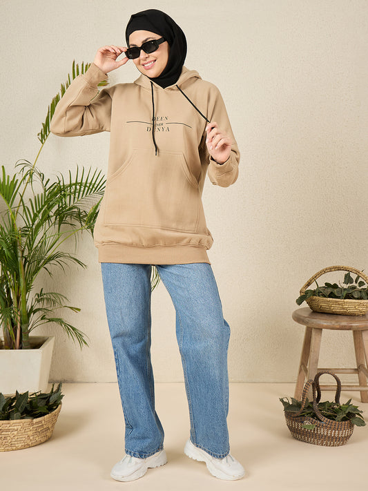 Modest Beige Fleece Deen Over Dunya Winter Women's Hoodie